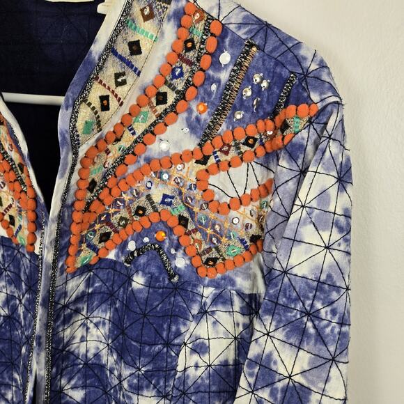 Chico's Quilted Jacket Blue Tie Dye Shibori Open Front Embroidered Sz 3 (XL) - Picture 3 of 8